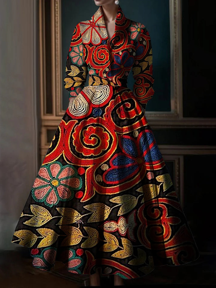 Elegant Boho Maxi Dress - Multicolor, Long Sleeve, Stand Collar