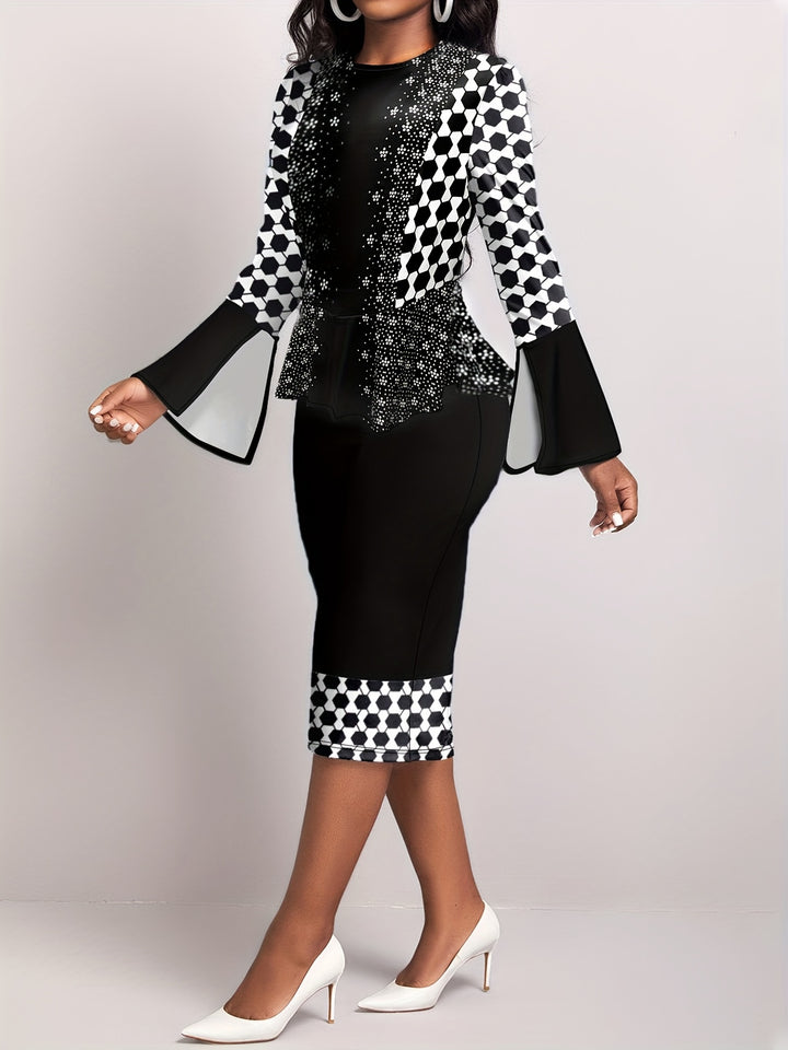 Women's Casual Dress, Plus Size Colorblock Geometric Print Split Bell Sleeve Round Neck Slim Fit Dress