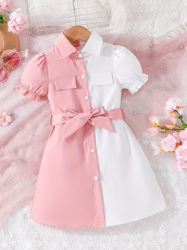 Girls Causal Color Block Puff Sleeve Button Down Lapel Dress With Belt, Kids Summer Dress