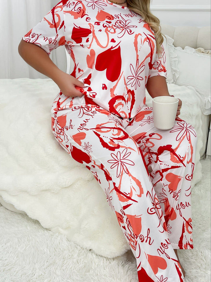 Women's Valentine's Day Trendy Pajamas Set, Plus Size Heart & Graffiti Print Short Sleeve Top & Pants Lounge 2pcs Set