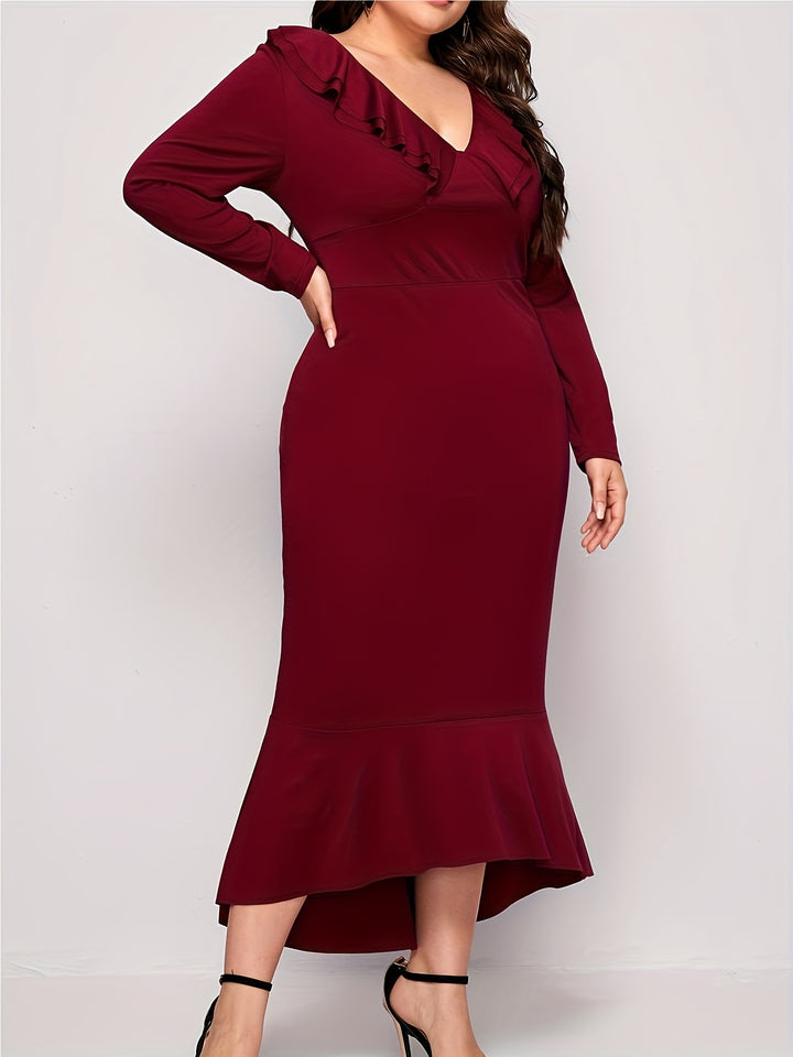 Elegant Plus Size Dress for Women, Long Sleeve V Neck Ruffle Trim Dress with Medium Stretch Fabric