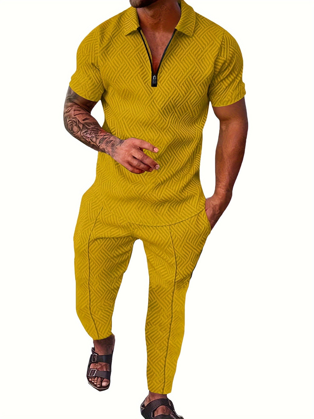 Men's 2Pcs Outfits Top & Pants Set, Casual Short Sleeve Shirt And Tapered Pants Set, Men's Clothing
