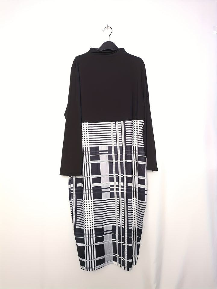 Plus Size Elegant Dress, Women's Plus Colorblock Plaid Print Long Sleeve Mock Neck Bodycon Midi Dress