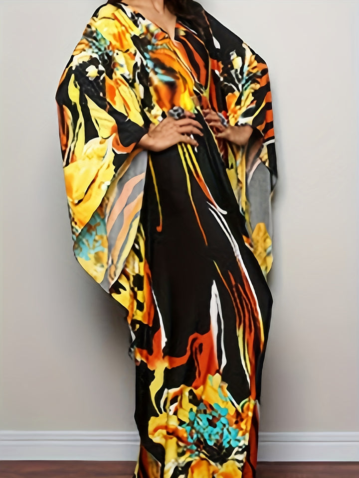 Plus Size Boho Dress, Women's Plus Floral Print Batwing Sleeve V Neck Maxi Split Dress