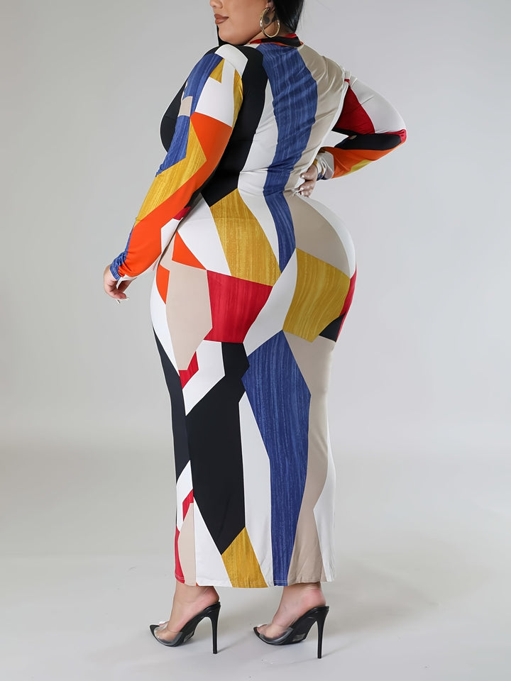 Plus Size Elegant Dress, Women's Plus Geometric Print Long Sleeve V Neck Medium Stretch Bodycon Midi Dress
