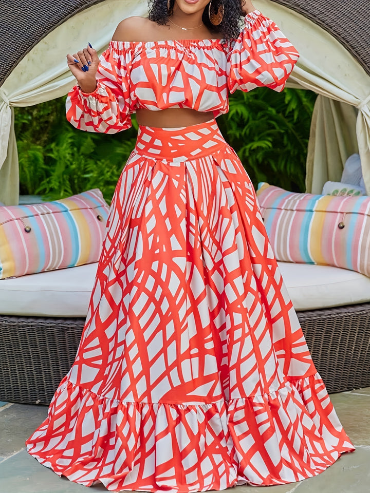 Plus Size Casual Outfits Two Piece Set, Women's Plus Colorblock Long Sleeve Off Shoulder Crop Top & High Rise Maxi Smock Skirt Outfits 2 Piece Set