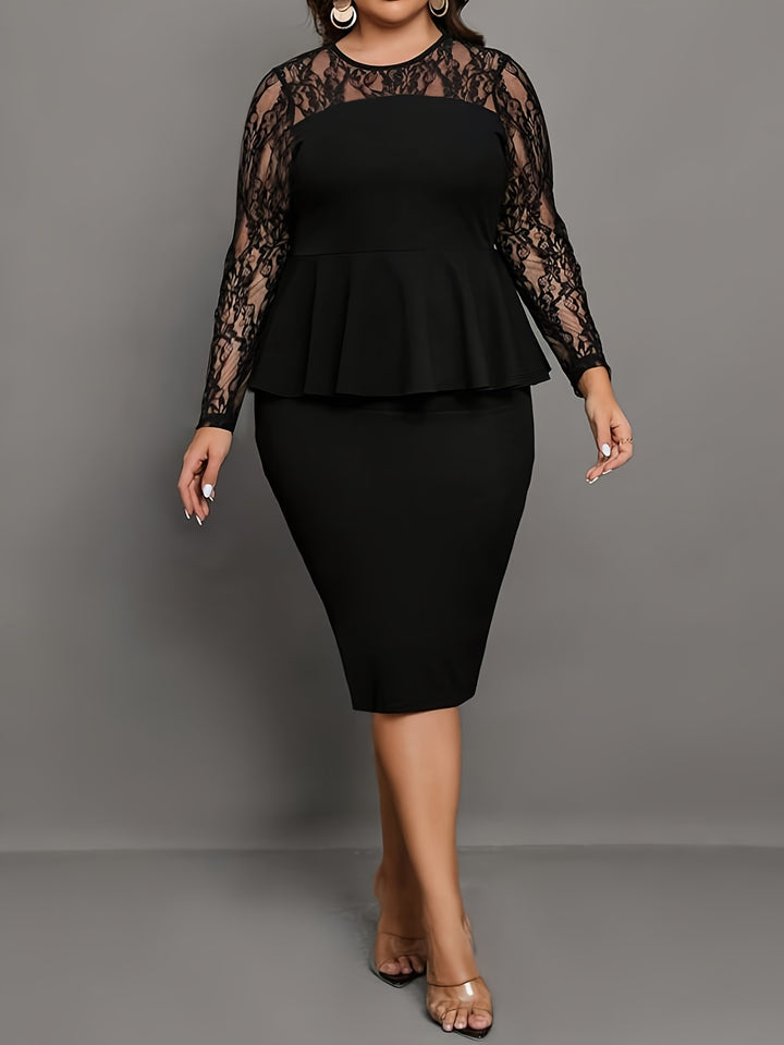 Elegant Plus Size Lace Dress with Illusion Neck and Long Sleeves, Perfect for Casual Occasions, Women's Plus Size Clothing