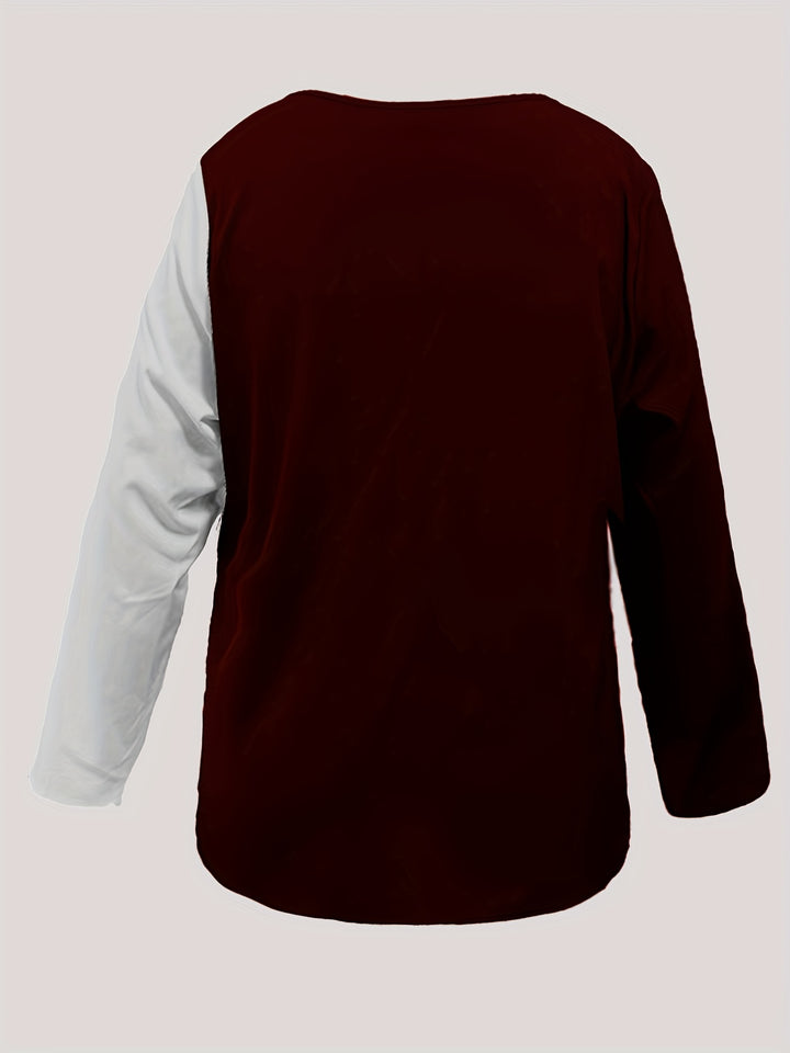 Plus Size Casual Blouse, Women's Plus Colorblock Sequin Notched Neck Long Sleeve Asymmetrical Hem Top