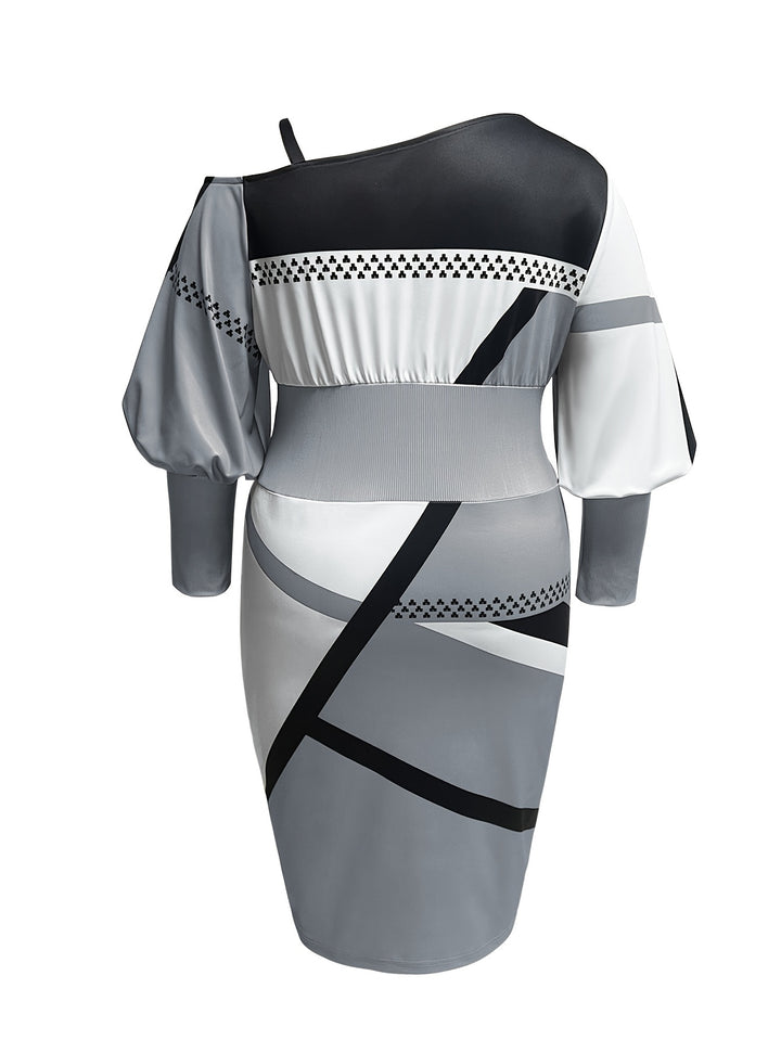 Stylish Plus Size Colorblock Dress with Chain Detail and Cold Shoulder Design, Perfect for Any Season, Women's Plus Size Clothing