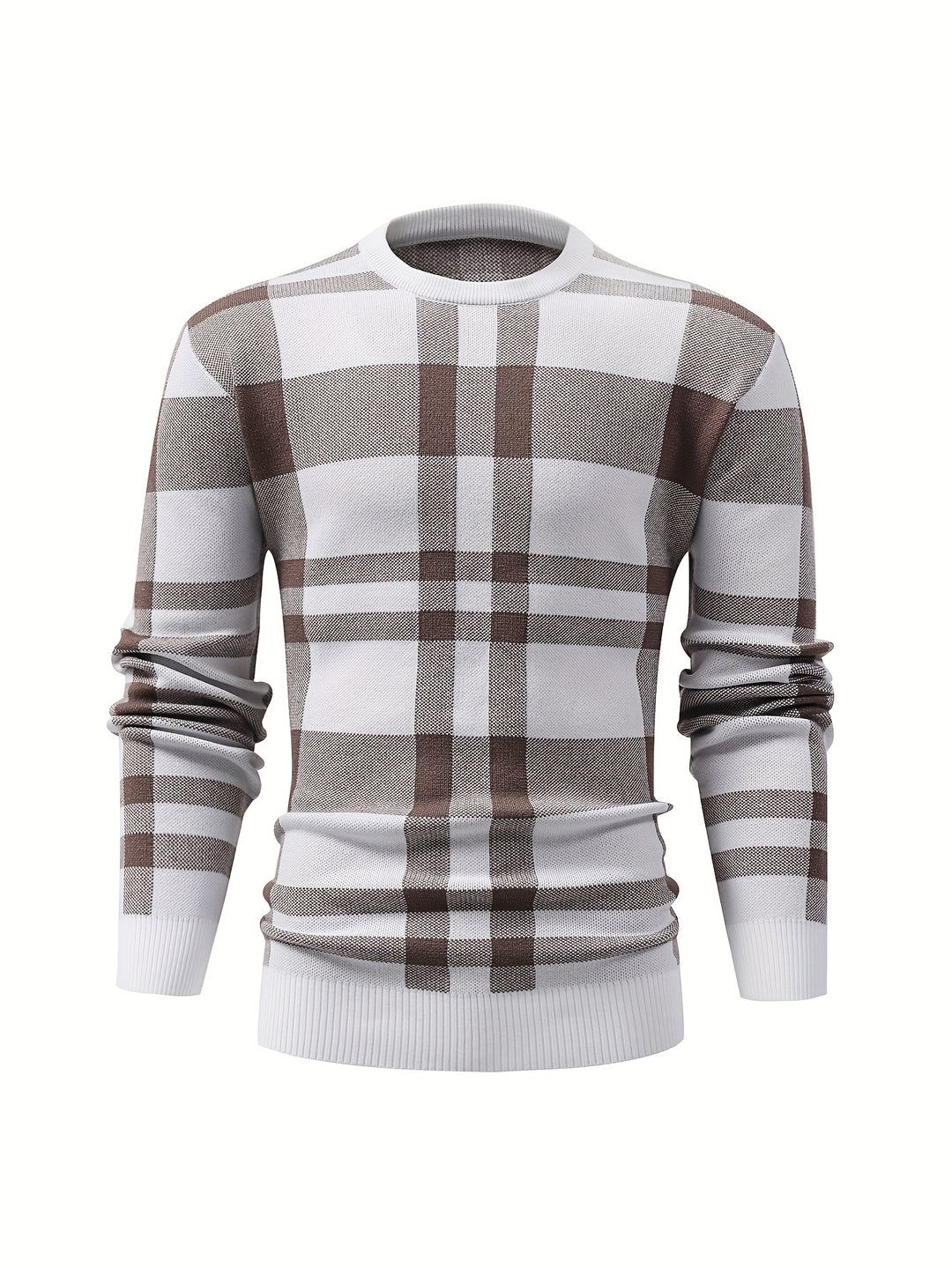 Classic Checkered Knitted Cable Sweater, Men's Casual Warm High Stretch Crew Neck Pullover Sweater For Men Fall Winter