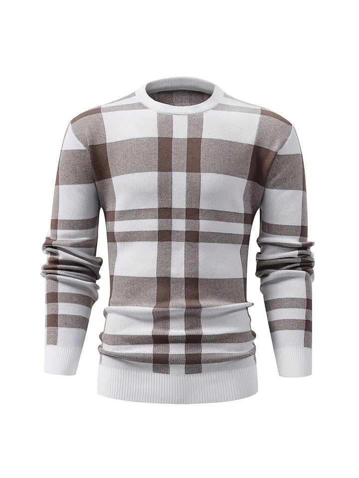 Classic Checkered Knitted Cable Sweater, Men's Casual Warm High Stretch Crew Neck Pullover Sweater For Men Fall Winter