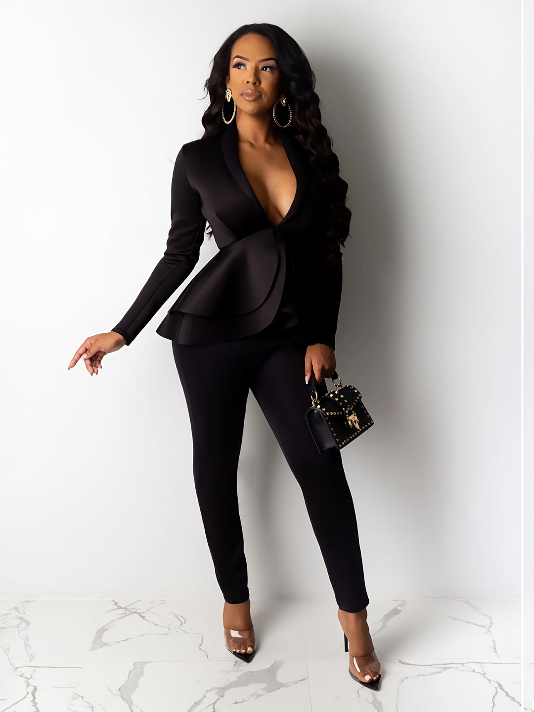 Solid Deep V Neck Long Sleeve Ruffled Hem Tunic Pantsuits, Long Length Bodycon Street Pantsuits, Women's Clothing