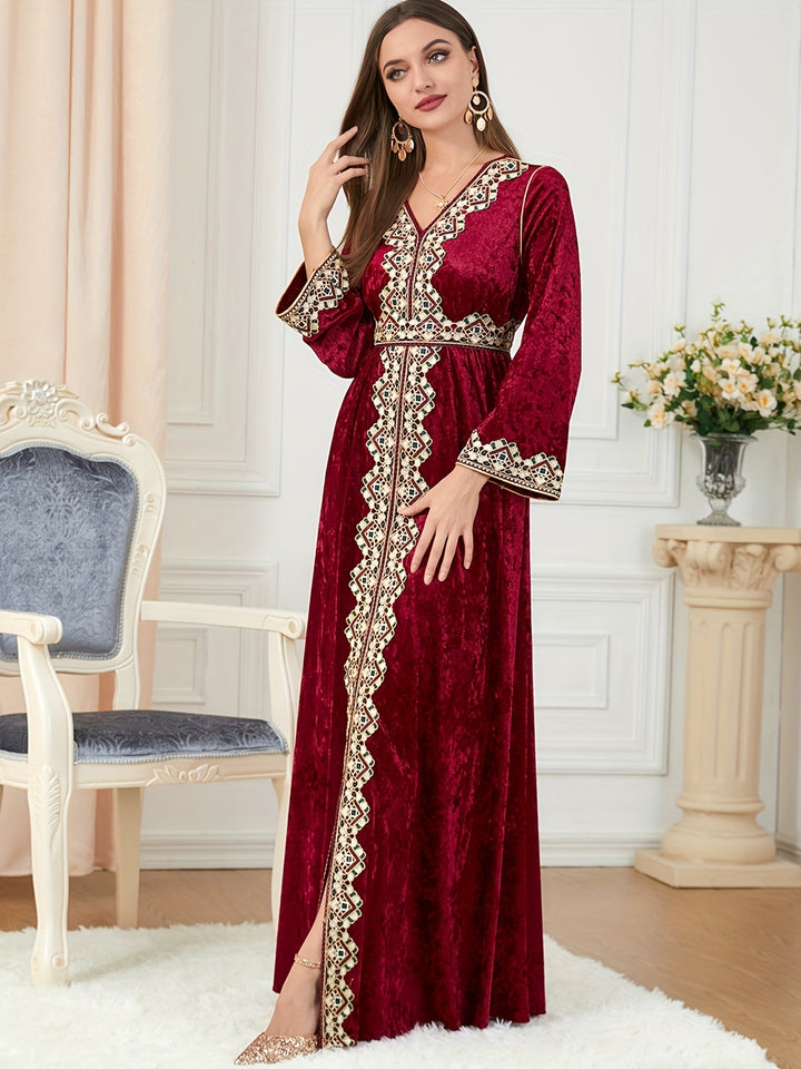 Contrast Trim V-neck Kaftan Dress, Elegant Long Sleeve Tie-waist Maxi Length Dress, Women's Clothing