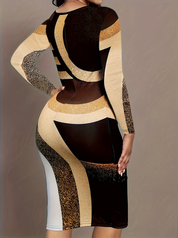 Elegant Plus Size Colorblock Dress with Geometric Print, Perfect for Spring and Summer, Women's Plus Size Clothing