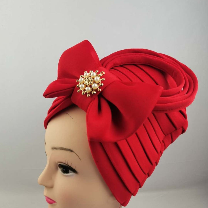 Faux Pearl Alloy Decor Turban Cap Elegant Bow Bandana Multi Layer Wrinkled Trendy Adjustable Hijab Women Hair Accessories