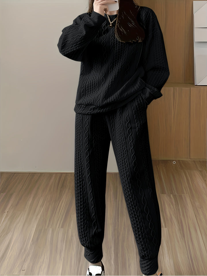 Textured Two-piece Set, Casual Long Sleeve Sweatshirt & Dual Pockets Pants Outfits, Women's Clothing