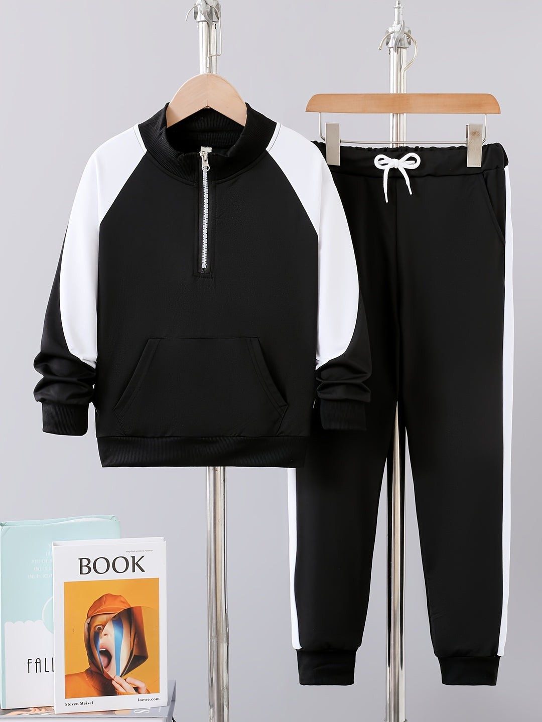 2pcs Boy's Trendy Autumn Outfit, Stand Collar Sweatshirt & Sweatpants Set, Color Clash Long Sleeve Top, Kid's Clothes For Spring Fall Winter, As Gift