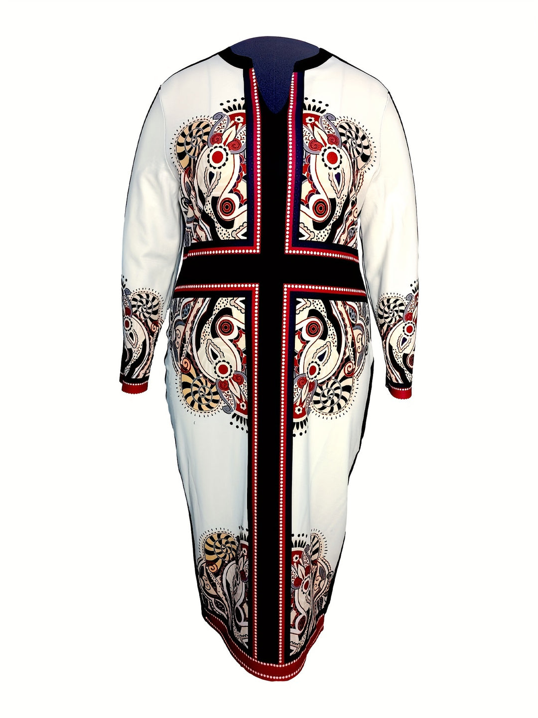 Plus Size Boho Dress, Women's Plus Cross & Paisley Print Long Sleeve Notched Neck Slight Stretch Maxi Slim Fit Dress