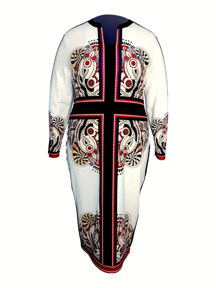 Plus Size Boho Dress, Women's Plus Cross & Paisley Print Long Sleeve Notched Neck Slight Stretch Maxi Slim Fit Dress