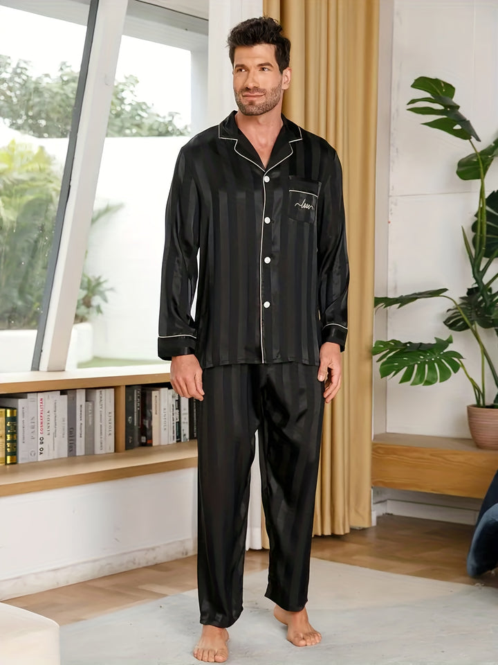 Men's Love Stripe Pattern Long Sleeve Ice Silk Pajamas Set, Button Down Pocket Shirt Top & Trousers Long Pants, Simple Casual Loungewear Set For Spring Autumn Outdoor Home Wear, Two-piece Men's Outfits