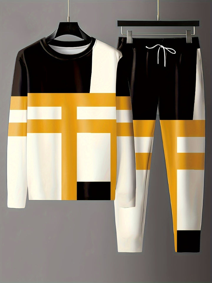 Color Block Men's 2Pcs Outfits, Casual Crew Neck Long Sleeve T-shirt And Drawstring Sweatpants Joggers Set For Winter Fall, Men's Clothing