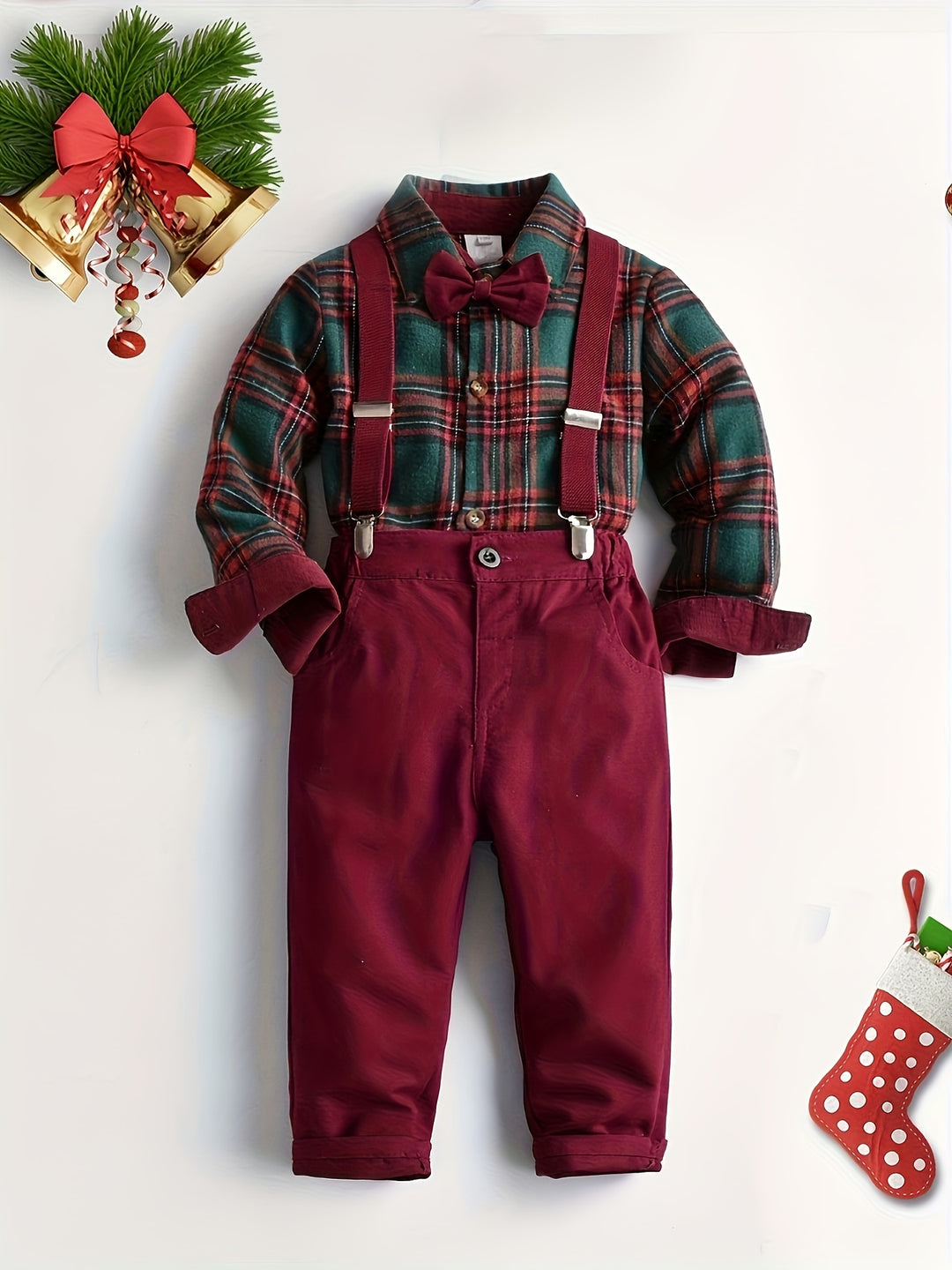 Boy's Christmas Style Gentleman Outfit, Plaid Pattern Bowtie Shirt & Vest & Overalls Set, Formal Wear For Speech Performance Birthday Party, Kid's Clothes For Spring Fall Winter