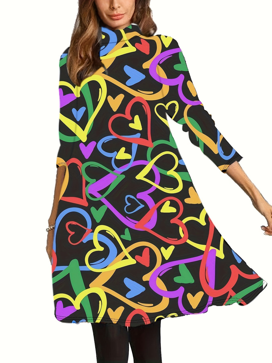 Plus Size Heart Print Dress, Cute Turtleneck Long Sleeve Dress For Spring, Women's Plus Size Clothing