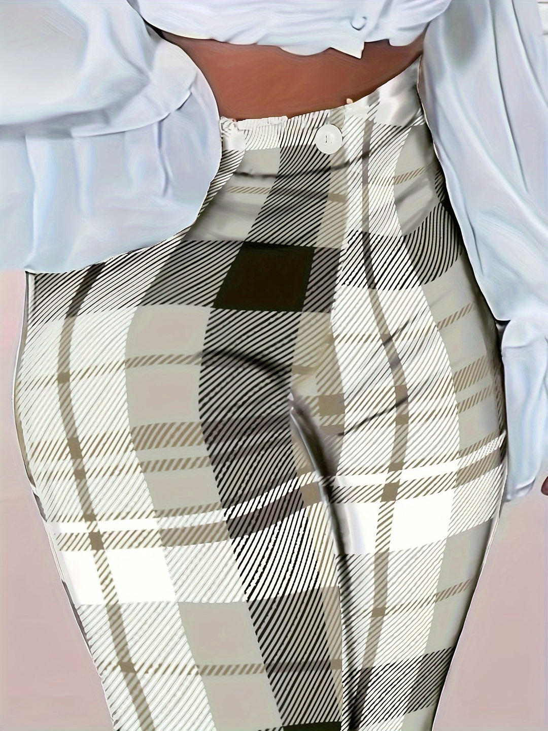 Plaid Print High Waist Pants, Casual Button Front Straight Leg Pants For Spring & Fall, Women's Clothing