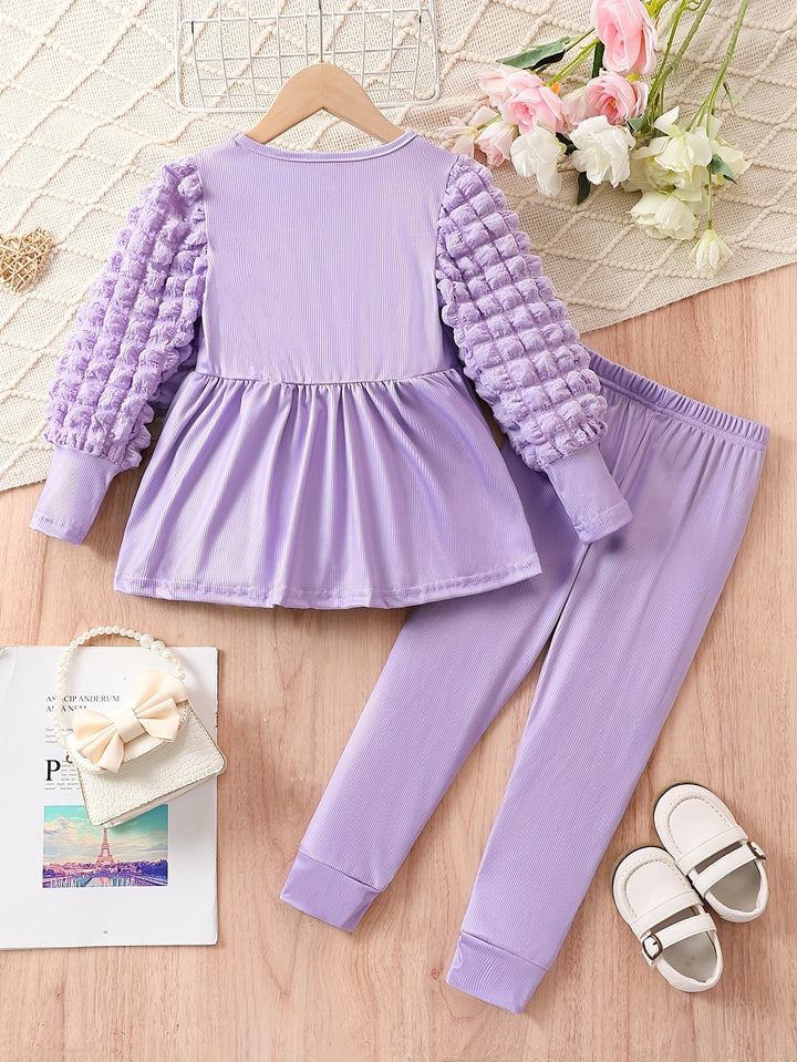 Solid Outfits 2pc Girls Puff Long Sleeve Top +pants Kids Clothes For Fall