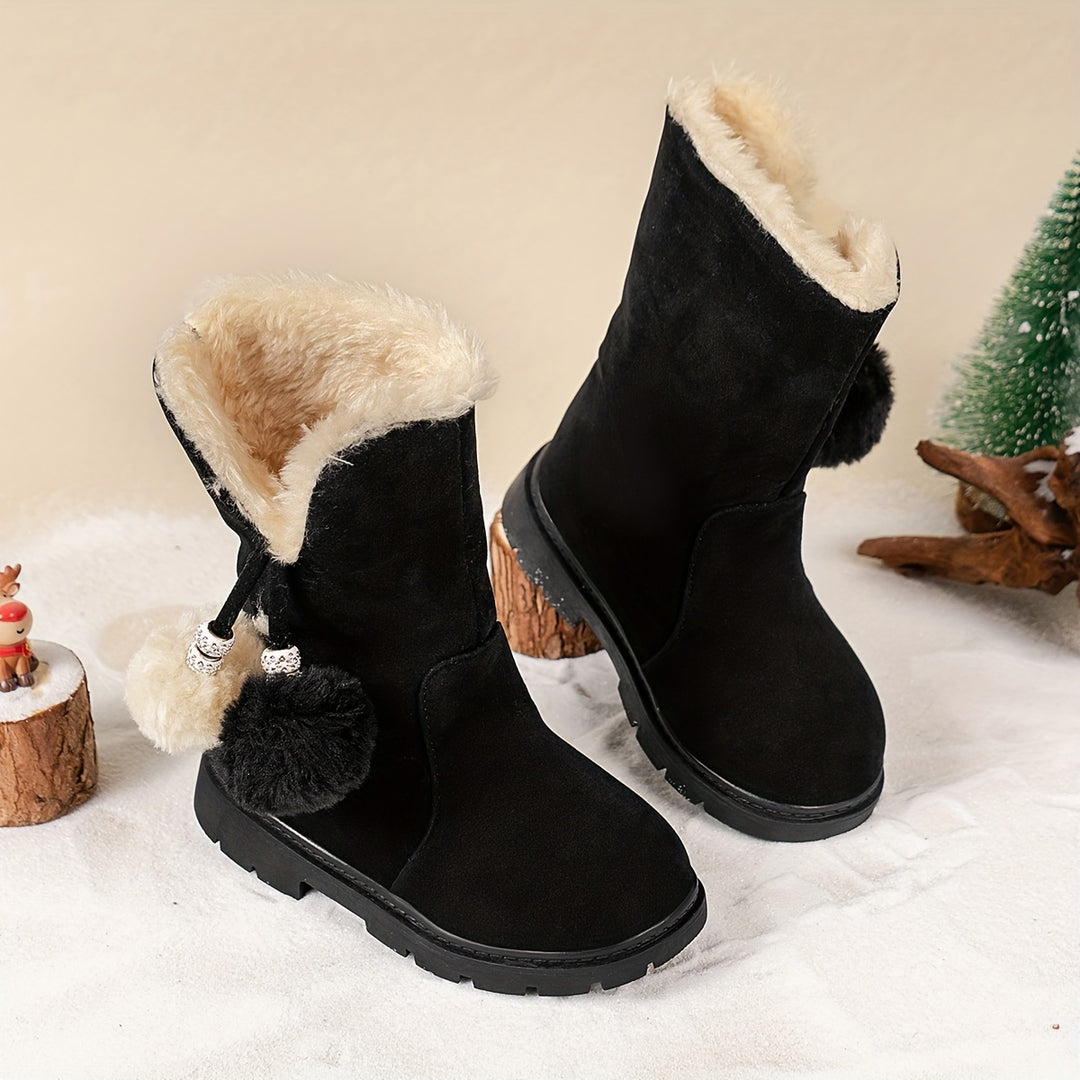 Trendy Cute Plus Fleece Boots For Girls Kids, Comfortable Non Slip Boots For Indoor Outdoor Travel, Autumn And Winter