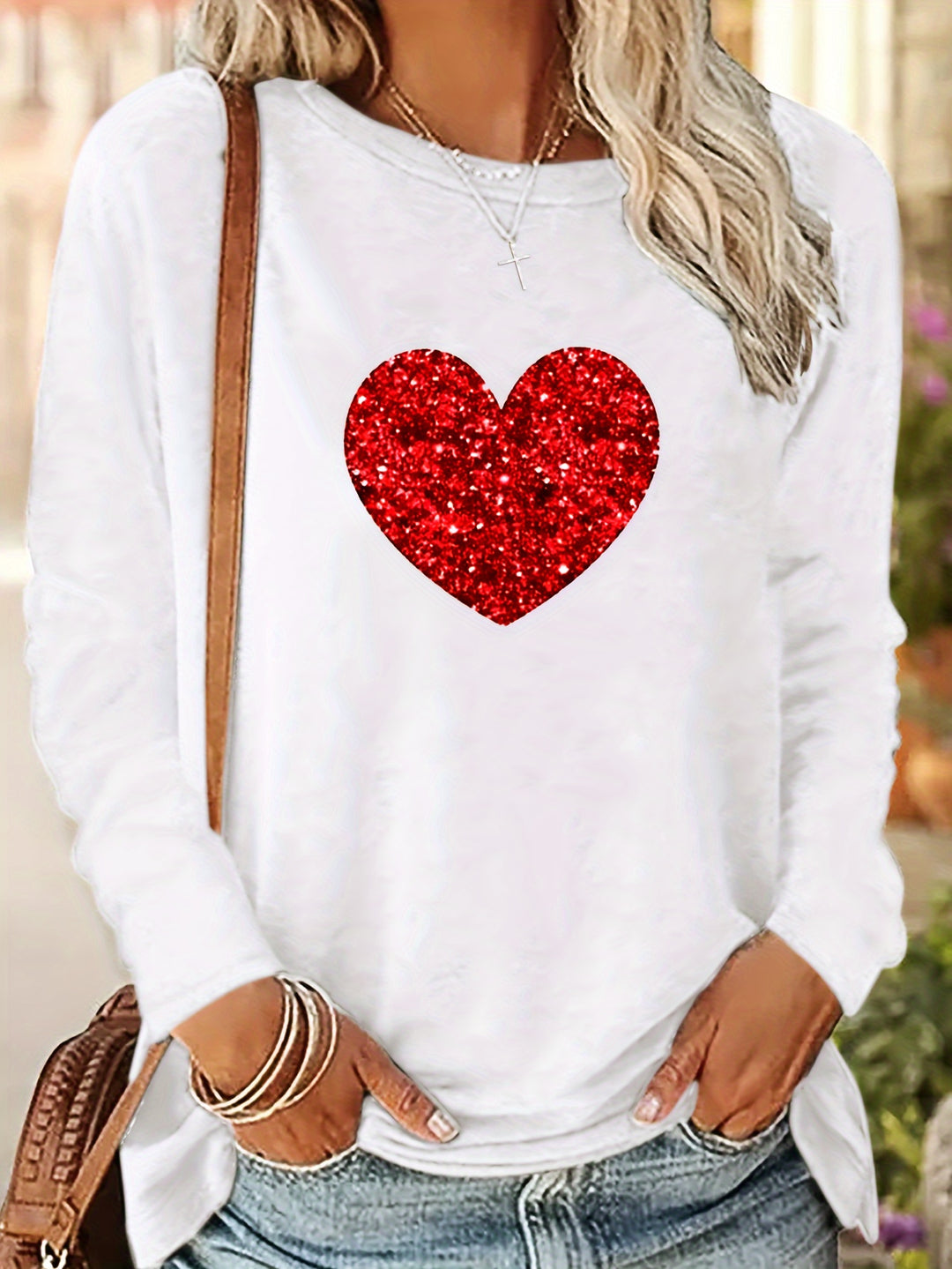 Valentine's Day Graphic Print T-shirt, Long Sleeve Crew Neck Casual Top For Spring & Fall, Women's Clothing