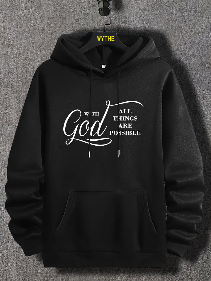 Christian Letter Print, Hoodies For Men, Graphic Sweatshirt With Kangaroo Pocket, Comfy Trendy Hooded Pullover, Mens Clothing For Fall Winter
