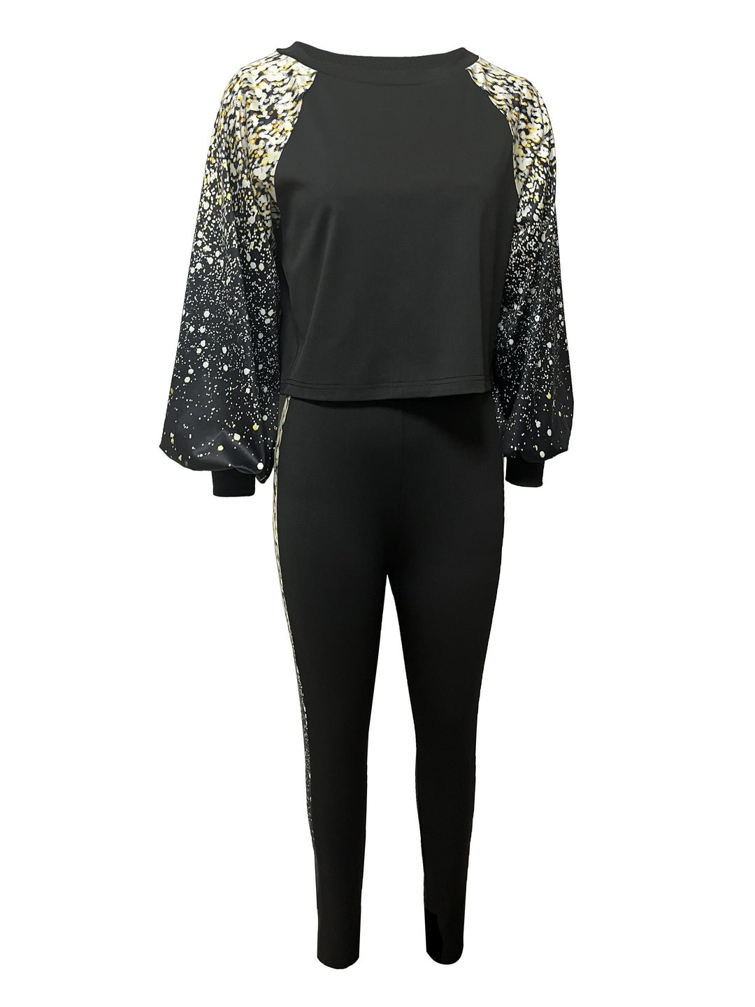 Graphic Print Splicing Two-piece Set, Crew Neck Long Sleeve Tops & Slim Long Length Leggings Outfits, Women's Clothing