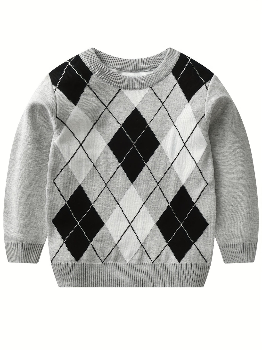 Boys Argyle Pattern Sweater Round Neck Long Sleeve Stretch Warm Knit Pullover Top Kids Clothes Outdoor