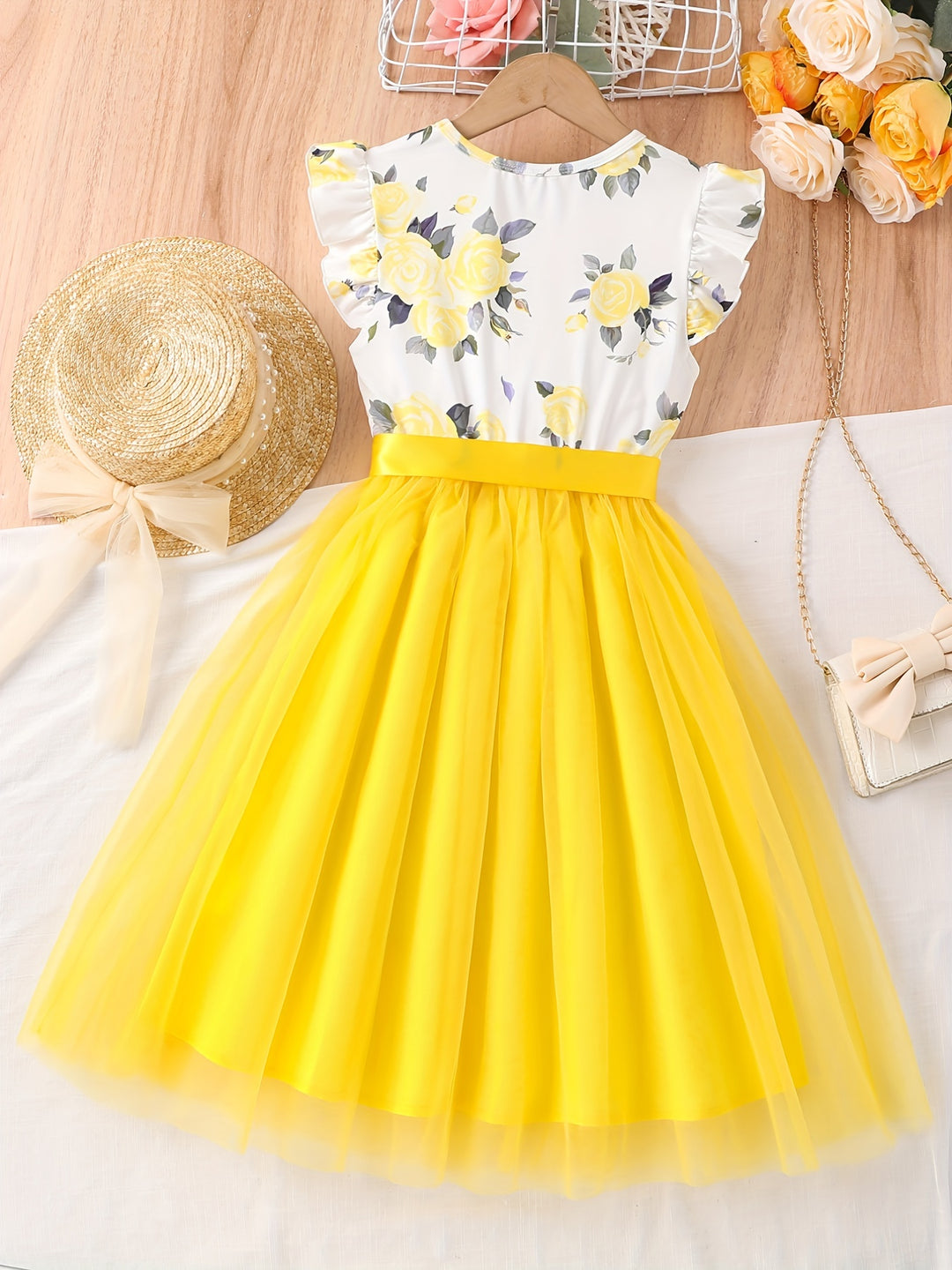 Girls Casual Dress Floral Tulle Stitching Princess Dress For Party Beach Vacation Kids Summer Clothes