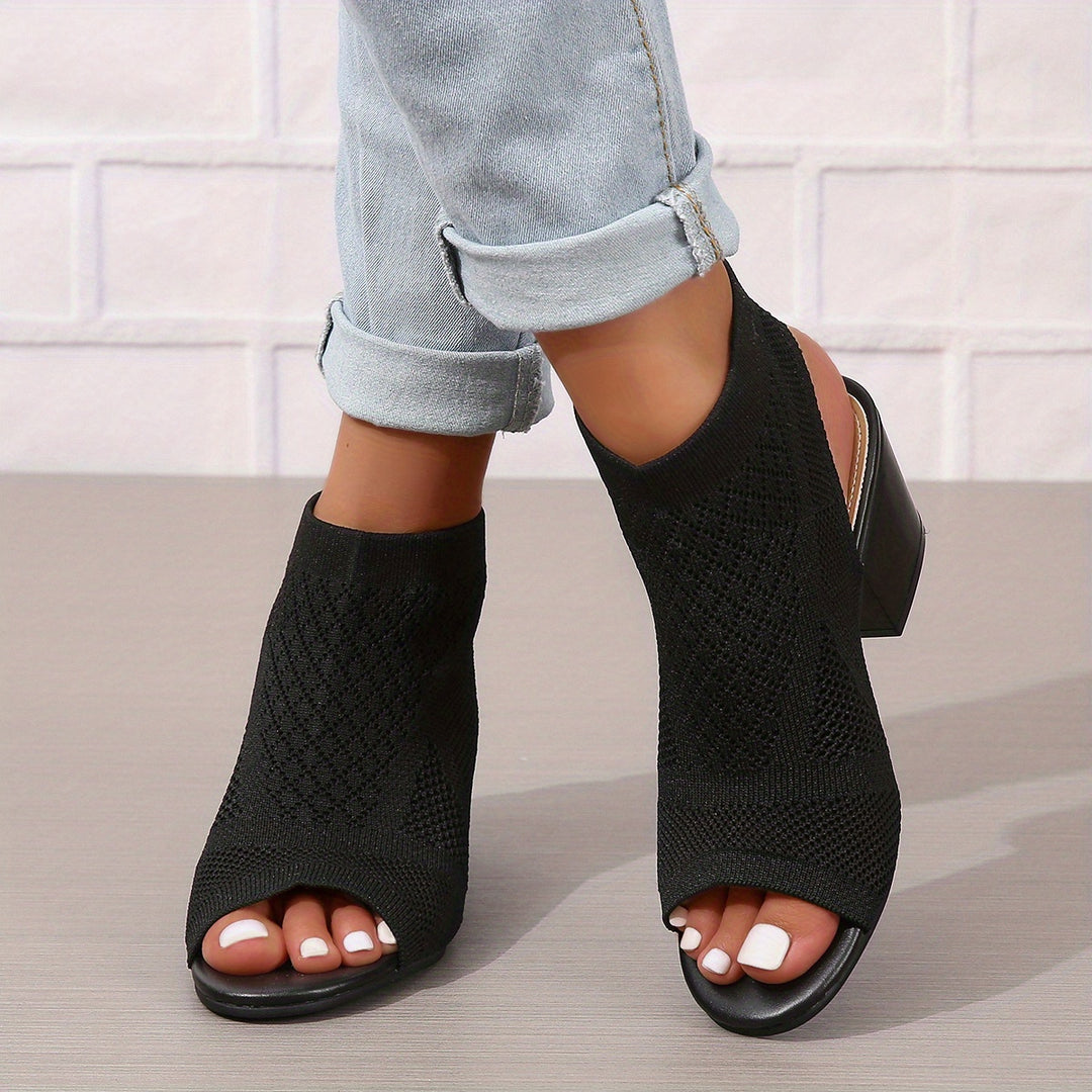 Women's Chunky Heeled Sandals, Knitting Peep Toe Slip On Slingback Low Heels, Fashion Fabric Sandals