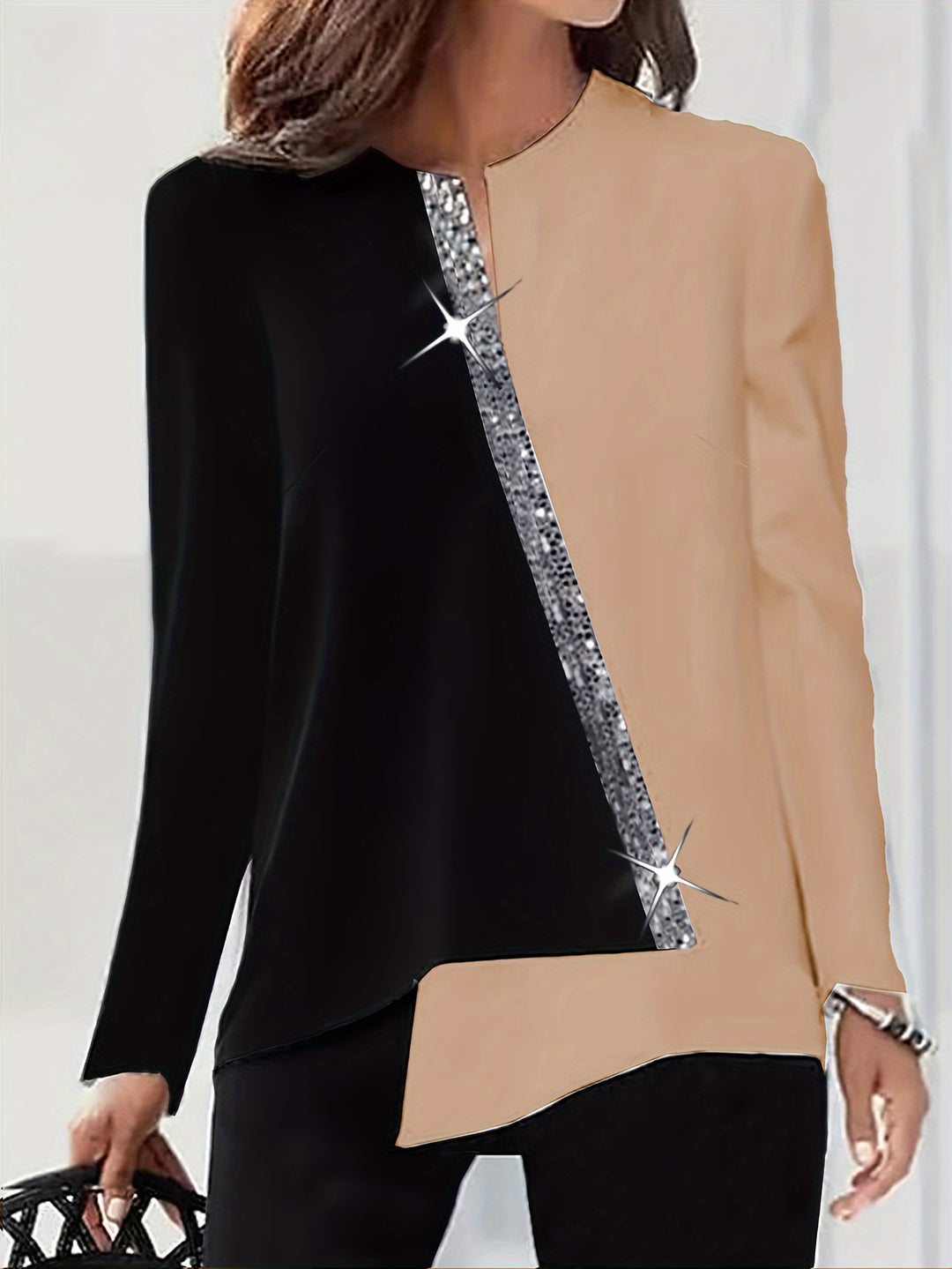 Plus Size Casual Blouse, Women's Plus Colorblock Sequin Notched Neck Long Sleeve Asymmetrical Hem Top
