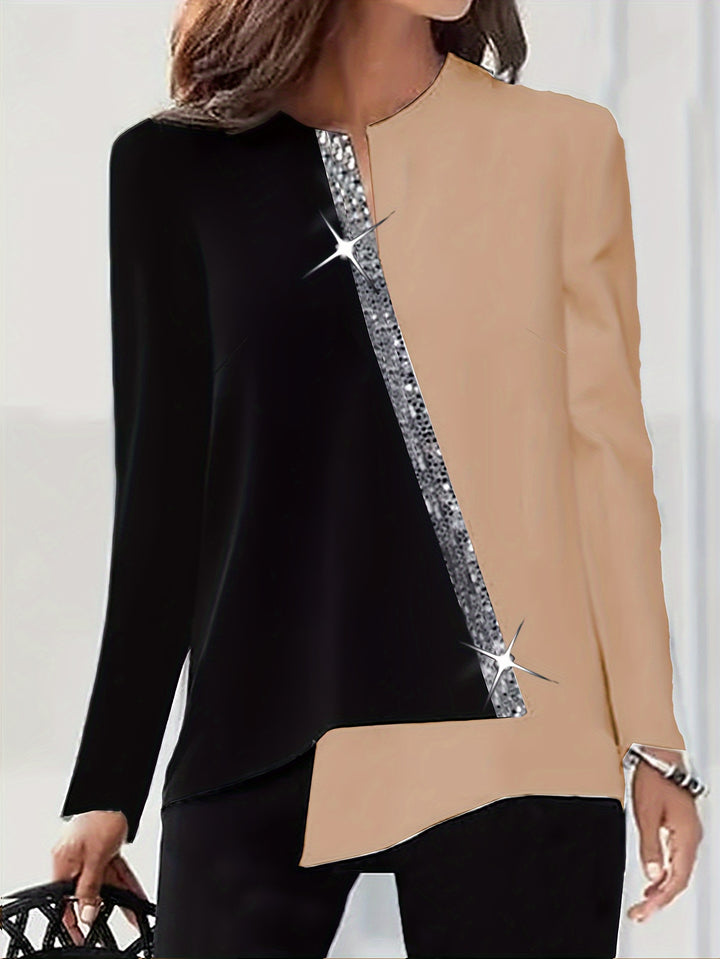 Plus Size Casual Blouse, Women's Plus Colorblock Sequin Notched Neck Long Sleeve Asymmetrical Hem Top