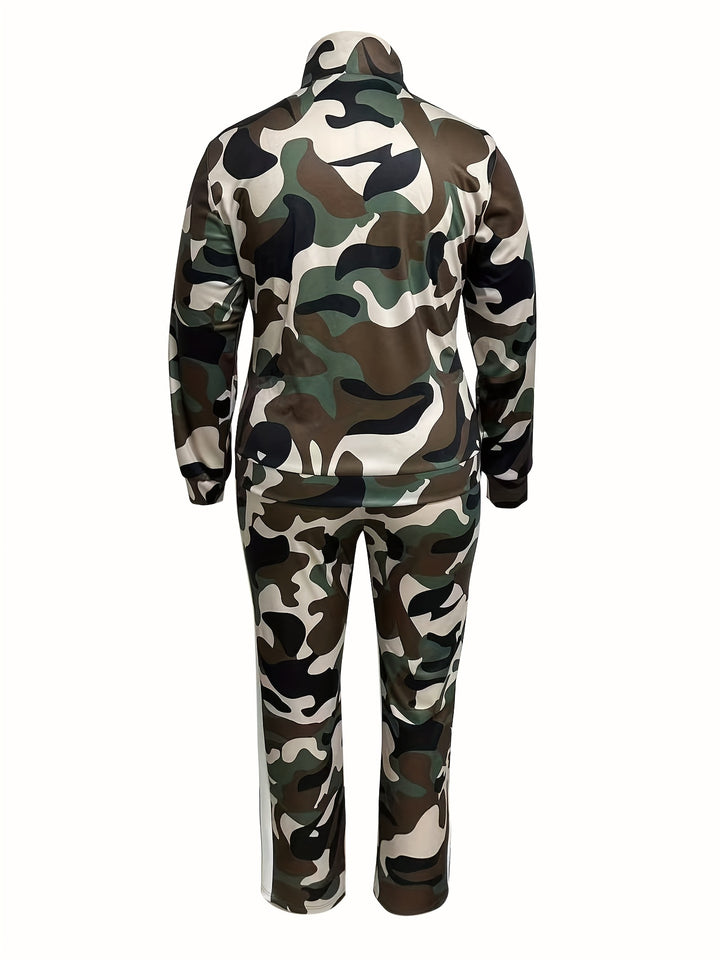 Plus Size Casual Outfits Set, Women's Plus Colorblock Camo Zip Up Long Sleeve Mock Neck Coat & Elastic Pants Outfits Two Piece Set