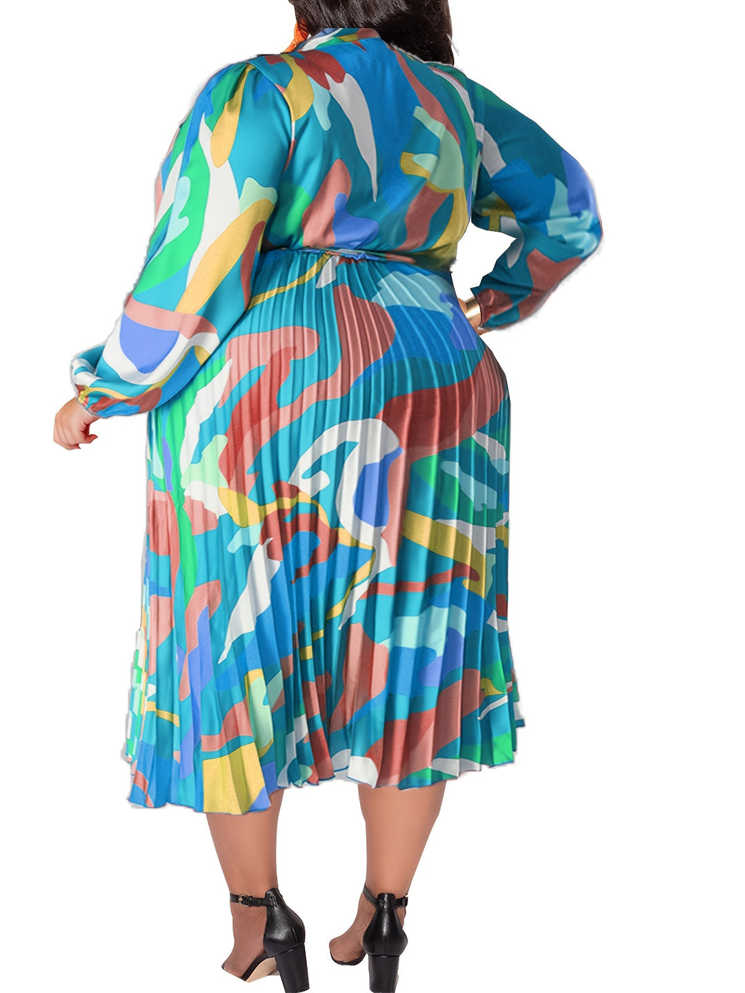 Elegant Plus Size Maxi Dress with Tie Neck, Abstract Print & Lantern Sleeves