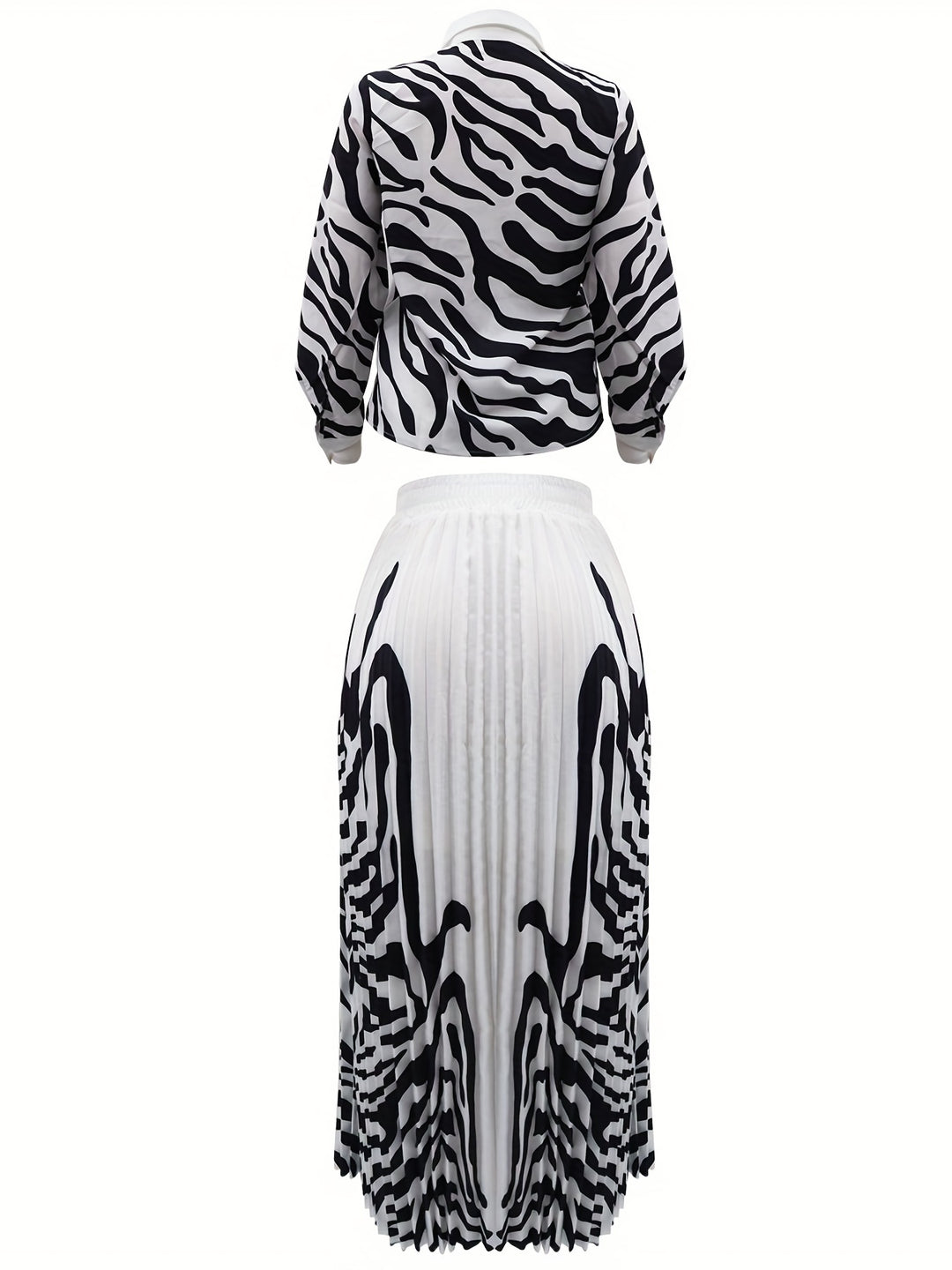 Zebra Print Casual Two-piece Set, Button Front Long Sleeve Tops & Pleated Skirts Outfits, Women's Clothing