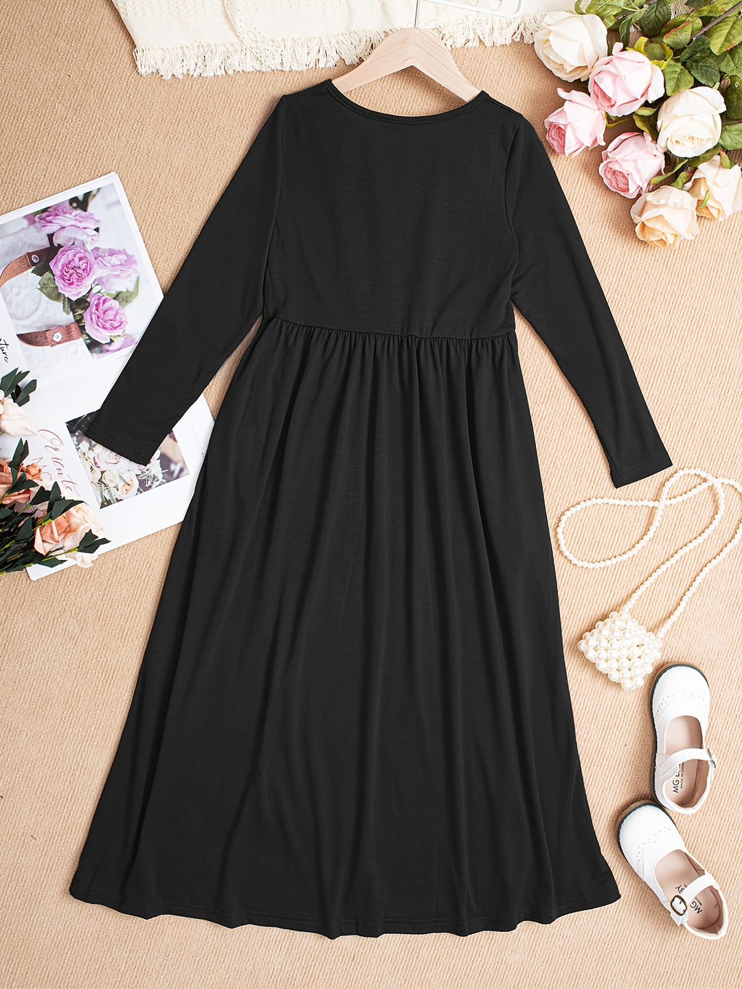 Solid Long Sleeve Pockets Maxi Dress For Girls Comfy Fit Kids Elegant Casual Dresses For Spring/ Fall