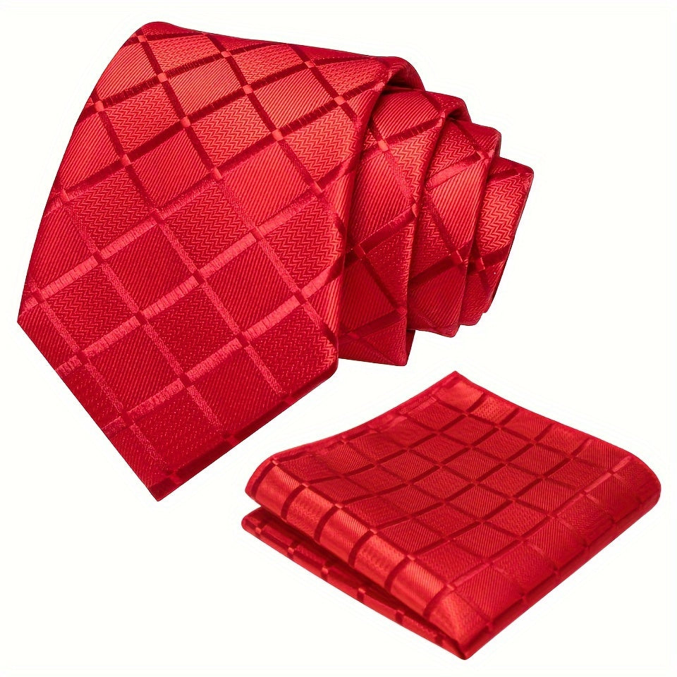 Men's Plaid Tie And Square Towel Set, Suitable For Daily Date Party Holiday Use