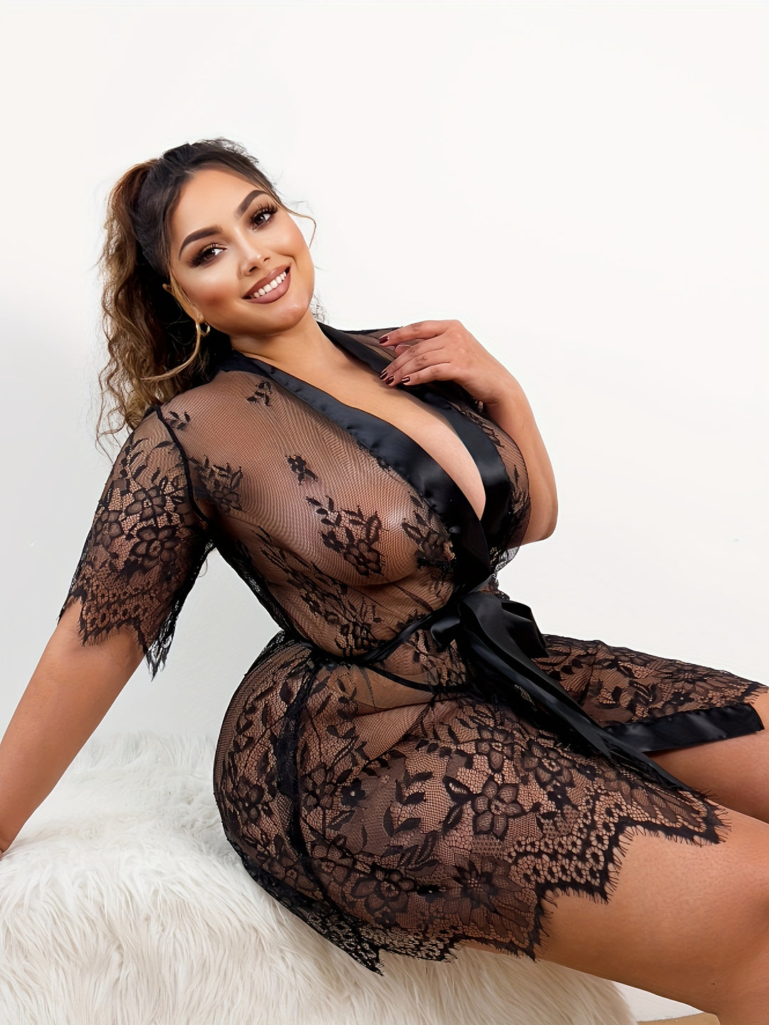 Plus Size Sexy Lingerie Robe Set, Women's Plus Eyelash Lace Satin Trim Open Front Belted Robe & Thong Lingerie 2 Piece Set