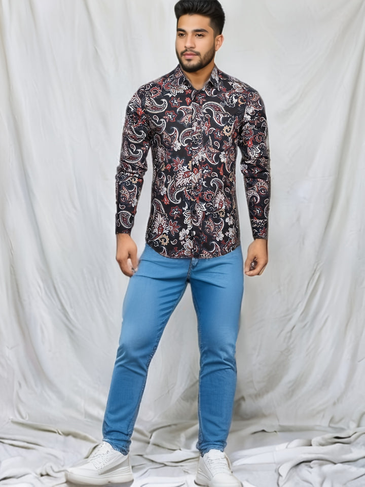 Stylish Paisley Pattern Men's Long Sleeve Button Up Shirt For Spring Fall, Men's Banquet Dress, Gift For Men