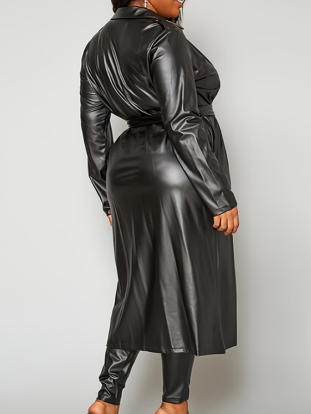 Plus Size Street Style Outfits Set, Women's Plus Solid PU Leather Long Sleeve Lapel Collar Longline Coat & Leggings Outfits Two Piece Set