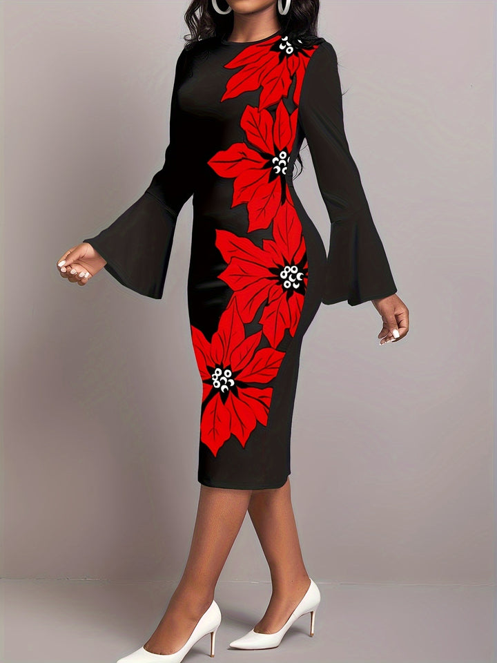 Elegant Floral Print Dress with Flare Sleeves and Crew Neck, Perfect for Any Occasion