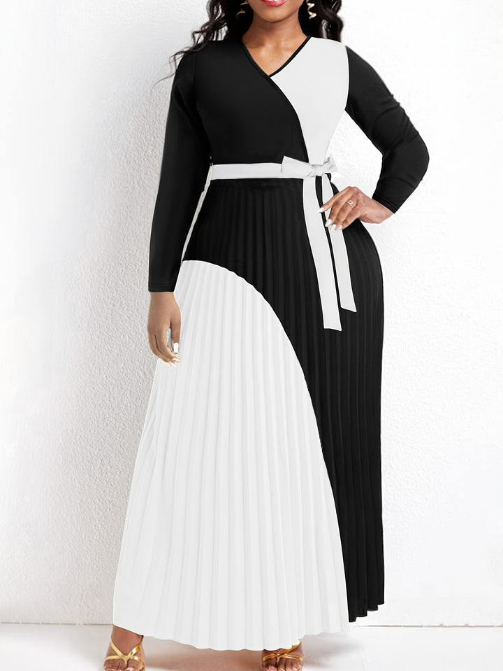 Plus Size Casual Dress, Women's Plus Colorblock Long Sleeve Surplice Neck Pleated Maxi Dress With Belt