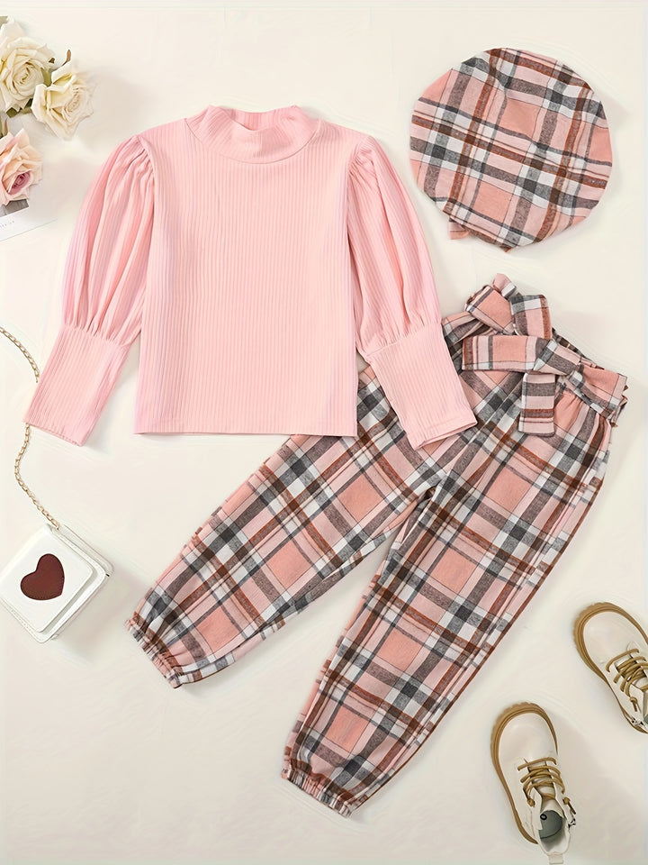 3pcs Girls Fashion Stand Collar Long Sleeve Top + Multicolor Plaid Trousers With Belt + Cute Hat Set For Spring And Autumn