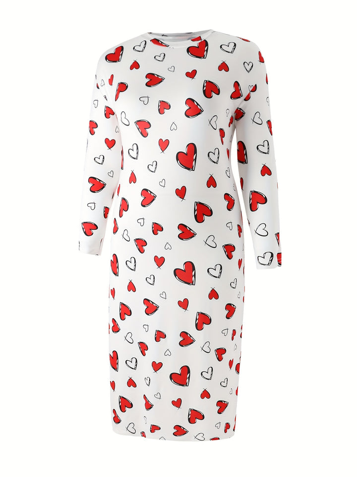 Women's Valentine's Day Casual Lounge Dress, Plus Size Heart Print Long Sleeve Round Neck Sleep Dress